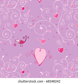 romantic seamless pattern with hearts and birds