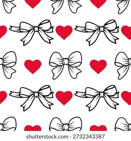 Romántico patrón sin fisuras con corazones y arcos sobre fondo blanco. Adorno de Vector del amor en estilo plano.