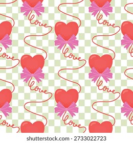 Romantic seamless pattern with hearts, bows, handwritten word love, wavy vertical lines. Retro background in squares. Red, pink, green colors. All-purpose print on fabric and paper. Vector design.