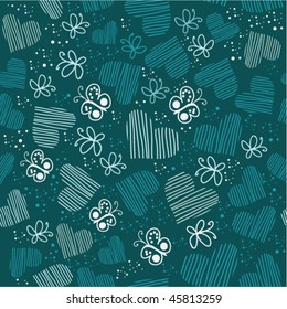 Romantic seamless pattern with hearts, and butterflies.