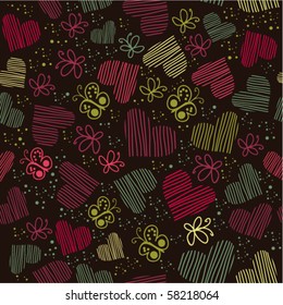Romantic seamless pattern with hearts, and butterflies.