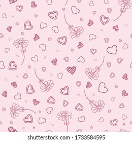 Romantic seamless pattern with hearts and chamomiles on a pink background. Hand draw style. Pattern design for valentines day. Stock vector illustration.