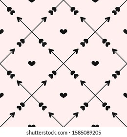 Romantic seamless pattern with hearts and crossed arrows. Cute print. Simple vector illustration.