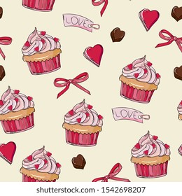 Romantic seamless pattern with hearts and cupcakes. background with muffins and chocolates. Perfect for Valentine's and wedding decoration. hand drawing retro style 