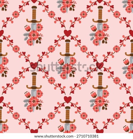 Romantic seamless pattern with hearts, dagger in floral composition and diagonal stripes of ornament. Red, brown, grey colors on pink background. Valentine's day vector design for printing on fabric.