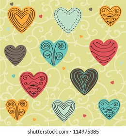 Romantic seamless pattern with hearts Doodle hearts set