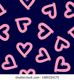 Romantic seamless pattern with hearts drawn by rough brush. Sketch, grunge, graffiti. Simple vector illustration.