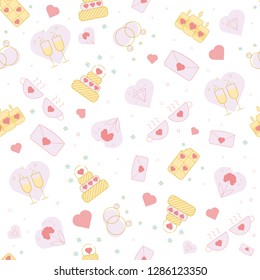 Romantic seamless pattern with hearts and engagement rings. Valentines day repeat pattern. Can be used as wrapping paper or a gift card design. Isolated on white. - Vector.