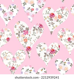 Romantic seamless pattern with hearts with floral ornaments. 