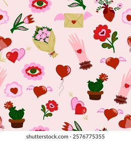 Romantic seamless pattern with hearts, flowers, cacti, balloons, and envelopes. Cozy Valentine's Day design. Perfect for gifts, cards, and decorations.