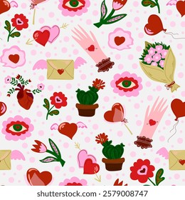 Romantic seamless pattern with hearts, flowers, cacti, balloons, and envelopes. Cozy Valentine's Day design. Perfect for gifts, cards, and decorations.