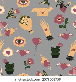 Romantic seamless pattern with hearts, flowers, cacti, balloons, and envelopes. Cozy Valentine's Day design. Perfect for gifts, cards, and decorations.