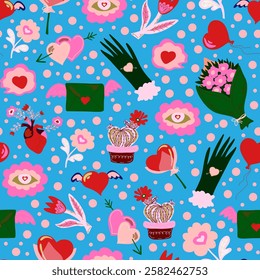 Romantic seamless pattern with hearts, flowers, cacti, balloons, and envelopes. Cozy Valentine's Day design. Perfect for gifts, cards, and decorations.