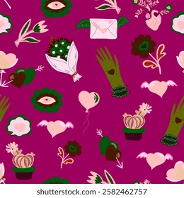 Romantic seamless pattern with hearts, flowers, cacti, balloons, and envelopes. Cozy Valentine's Day design. Perfect for gifts, cards, and decorations.