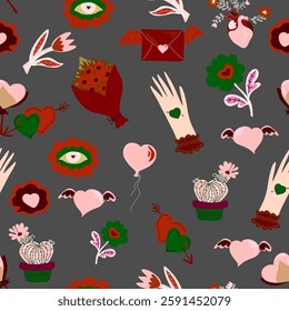 Romantic seamless pattern with hearts, flowers, cacti, balloons, and envelopes. Cozy Valentine's Day design. Perfect for gifts, cards, and decorations.