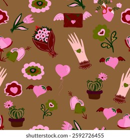 Romantic seamless pattern with hearts, flowers, cacti, balloons, and envelopes. Cozy Valentine's Day design. Perfect for gifts, cards, and decorations.