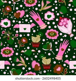 Romantic seamless pattern with hearts, flowers, cacti, balloons, and envelopes. Cozy Valentine's Day design. Perfect for gifts, cards, and decorations.