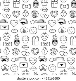 Romantic seamless pattern with hearts, flowers and love objects. Fashion patches. Pin badges set. Stickers collection. Appliques for denim or clothes.
