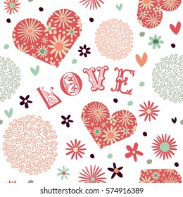 Romantic seamless pattern with hearts and flowers. Love. Valentine's Day.