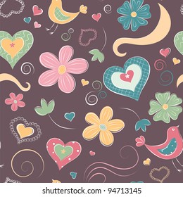 Romantic seamless pattern with hearts and flowers on the purple background