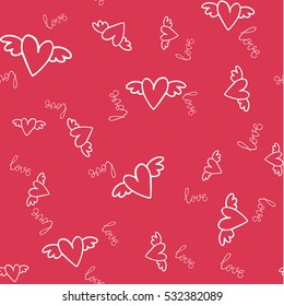 Romantic seamless pattern with hearts and handwritten lettering for your design. Valentines day vector decoration on red background.