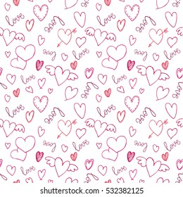 Romantic seamless pattern with hearts and handwritten lettering for your design. Valentines day vector decoration on white background.