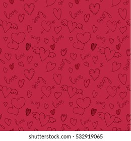 Romantic seamless pattern with hearts and handwritten lettering for your design. Valentines day vector decoration on red background.