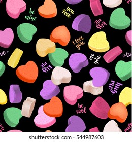 Romantic seamless pattern with hearts and handwritten lettering for your design. Valentines day vector decoration on black background.