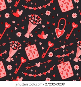Romantic Seamless Pattern with Hearts Keys Gifts and Bouquets, Valentine Vector