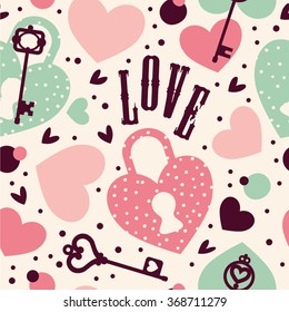 Romantic seamless pattern with hearts, keys and locks.Seamless vector pattern for your design. Great for Baby, Valentine's Day, Halloween, wedding, scrapbook, surface textures.