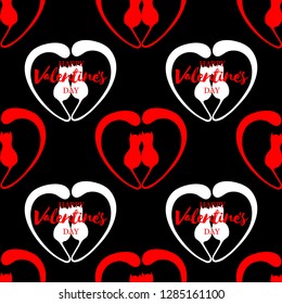 Romantic seamless pattern with hearts and kittens. Lettering Happy Valentine Day