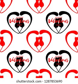 Romantic seamless pattern with hearts and kittens. Lettering Happy Valentine Day