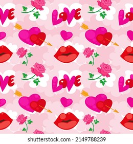 Romantic seamless pattern with hearts, lettering, roses and lips in pink. Bright background, vector illustration