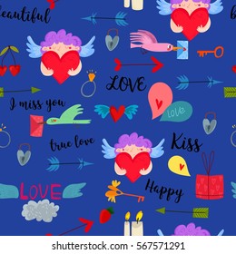 Romantic seamless pattern with hearts, lips. Valentines day decoration texture. Love concept. Wedding invitation
