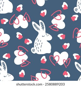 Romantic seamless pattern with hearts and sleepy bunnies. Valentine print for fabric, paper, textile. Doodle vector illustration