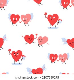 Romantic seamless pattern with hearts for Valentines Day design. Endless texture, cute background, wallpaper. Textile ornament, fabric print with happy cartoon characters for kids. Baby clothes