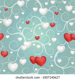 Romantic seamless pattern with hearts. Vector illustration, endless texture. Cute and fancy background for wallpaper, website, textile, greeting cards, wedding invitation, wrapping,  book cover, print