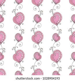 Romantic seamless pattern with hearts. Vector illustration, endless texture with florish. Cute and fancy background for wallpaper, website, textile desigh. Pink and white