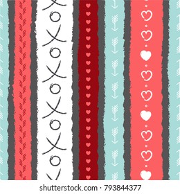 Romantic seamless pattern with hearts. Vector illustration, endless texture with strips, fancy background for wallpaper, website, textile, greeting cards, wedding invitation, wrapping,  book cover