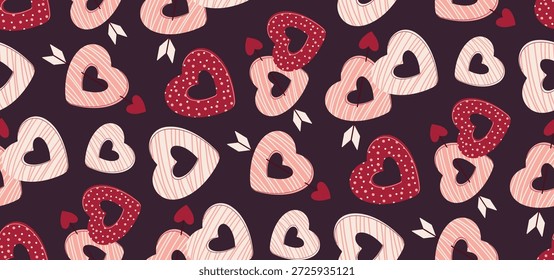 Patrón sin fisuras romántico con rosquillas en forma de corazón y flechas de cupido sobre fondo oscuro