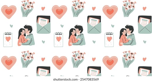 Romantic seamless pattern with a hugging couple, hearts, and flowers in soft pastel tones