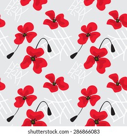 The romantic seamless pattern with image of poppies and inscription at the background in Japanese "love, spring"