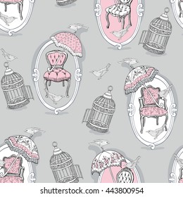 Romantic seamless pattern with image of a vintage chair, birds, cage and umbrella on gray background. Vector illustration.