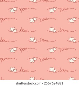 Romantic Seamless Pattern with Intertwined Hearts and Love Calligraphy on Peach Background Endless texture for textile, wallpaper, wrapping paper, fabric, packaging Valentine's Day