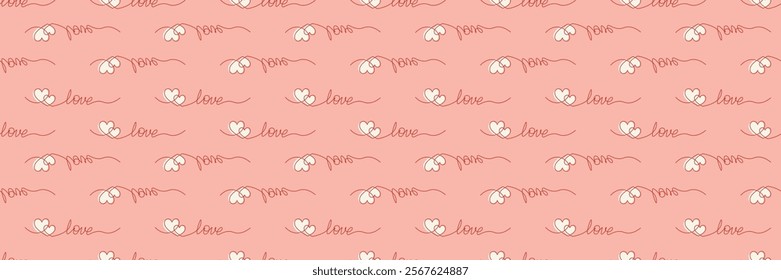 Romantic Seamless Pattern with Intertwined Hearts and Love Calligraphy on Peach Background Endless texture for textile, wallpaper, wrapping paper, fabric, packaging Horizontal banner Valentine's Day