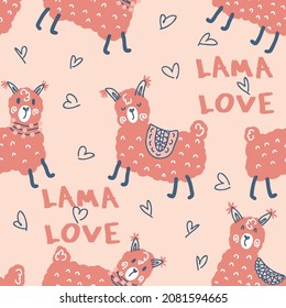 Romantic seamless pattern with lamas, hearts and text LAMA LOVE. Perfect for T-shirt, textile and print. Hand drawn vector illustration for decor and design.