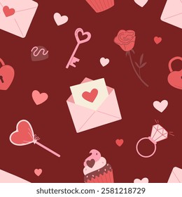 Romantic seamless pattern with letters, sweets,  key and heart shapes. Valentine's day vector illustration. 