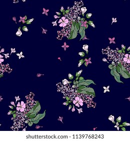 romantic seamless pattern with a lilac branch on a dark blue background.  Bright color background for  cards, paper wrapper and other objects. Hand drawing vector illustration