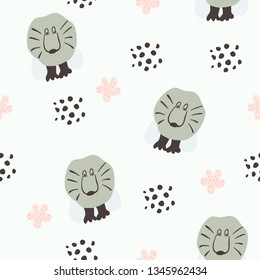 Romantic seamless pattern with lions and stylish flowers.  Cartoon lions vector illustration in scandinavian style. Great for fabric, textile.