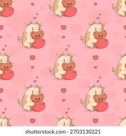 Romantic Seamless pattern Little Cow with Heart on Pink Background. Funny Festive Cartoon Animal valentine. Vector illustration. Not AI